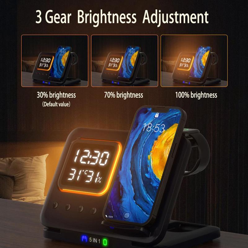 15W Wireless Chargers Stand 5 In1 LED Digital Alarm Clock Fast Charging Dock Station - FlashesVente