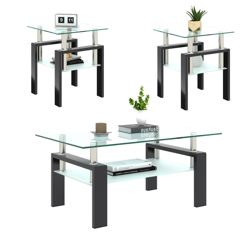 Set of 2, Modern Tempered Glass Tea Table Coffee Table End Table, Square Table for Living Room, Transparent/Black