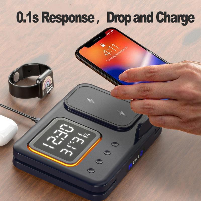 15W Wireless Chargers Stand 5 In1 LED Digital Alarm Clock Fast Charging Dock Station - FlashesVente