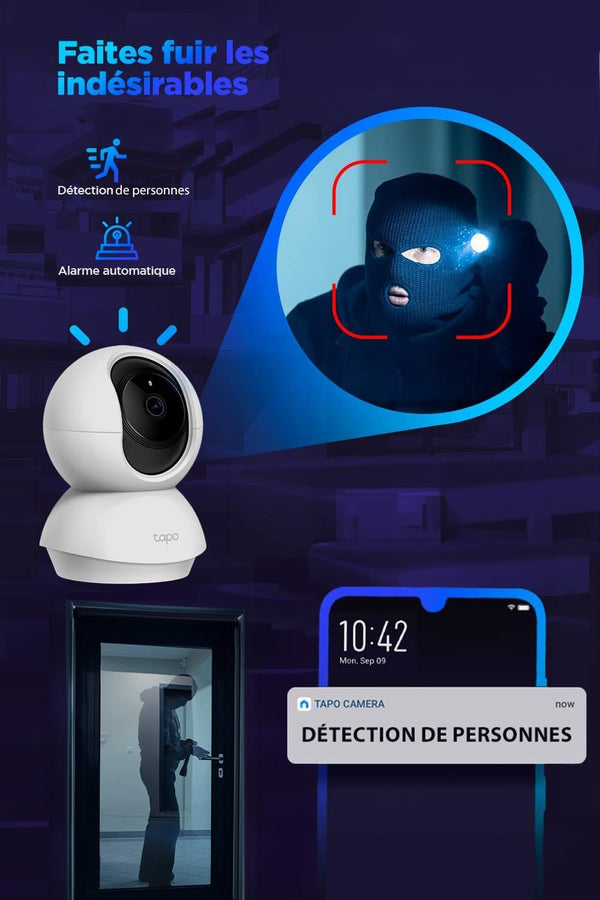 Tapo 2K(3MP) Caméra Surveillance WiFi intérieure 360° C210, Vision nocturne, Notifications en temps réel, Détection de personne, Suivi de mouvement, Télécommande, Compatible avec Alexa