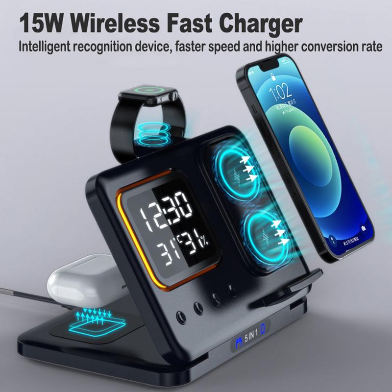 15W Wireless Chargers Stand 5 In1 LED Digital Alarm Clock Fast Charging Dock Station - FlashesVente