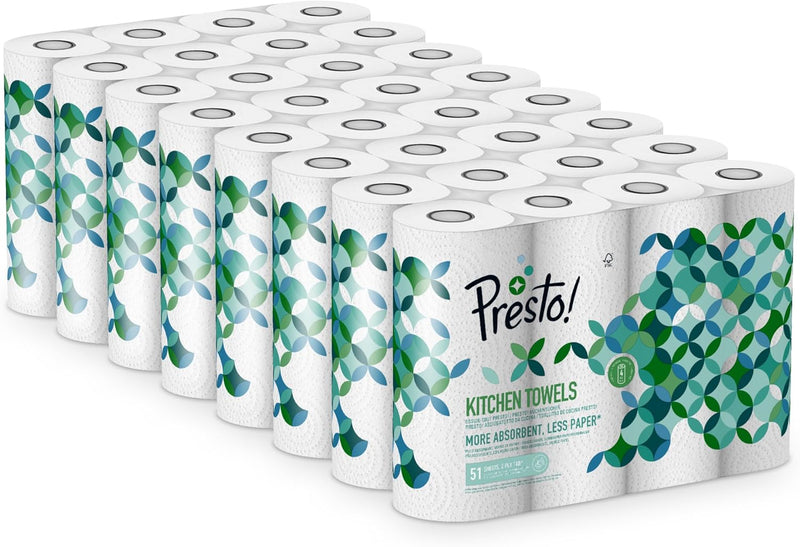 Marque Amazon - Presto! Essuie-tout TAD, Extra Absorbant, 32 Rouleaux (8 Paquets de 4), 51 Feuilles par Rouleau, Essore et Réutilise, Certifié FSC, Blanc - FlashesVente