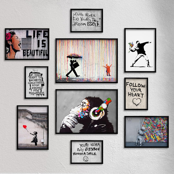 Giallobus - Lot de 10 Affiches murales - Banksy - Collection Banksy 1 - Papier couché - | 2 x A3 42x30cm | 4 x A4 30x21cm | 4 x A5 21x15cm | - sans Cadres - Tableaux Modernes Salon - FlashesVente