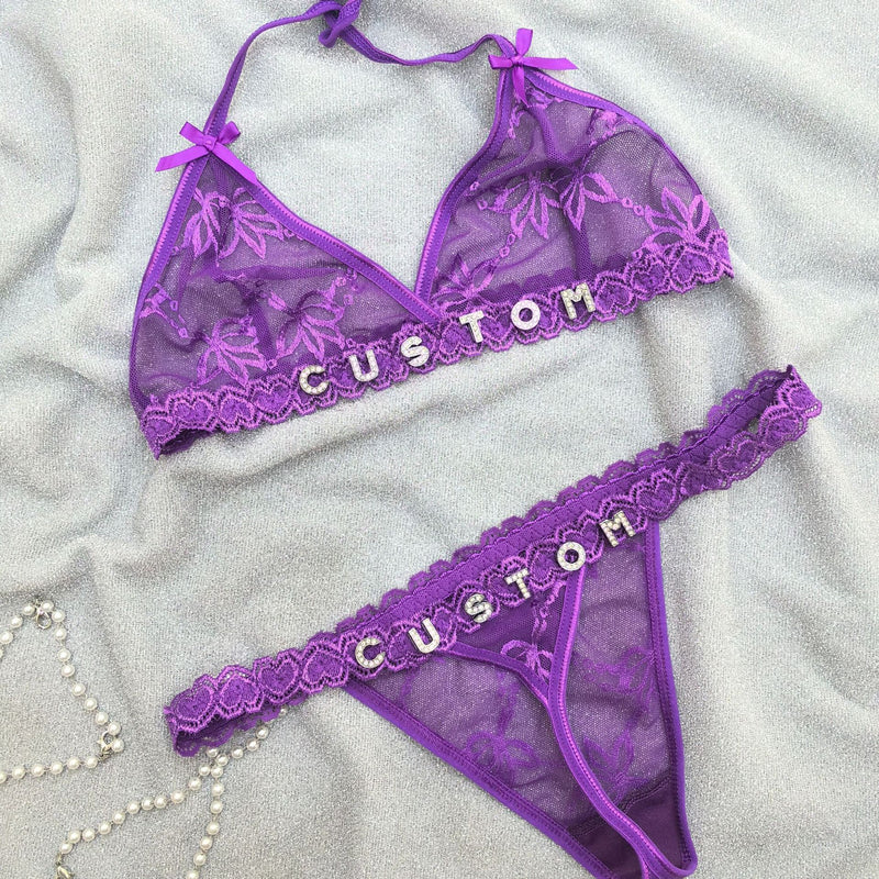 Custom Lingerie Set For Women Thong Panties Bra Set With Name Rhinestone Customized Thongs Personalized G-String Jewelry Gift