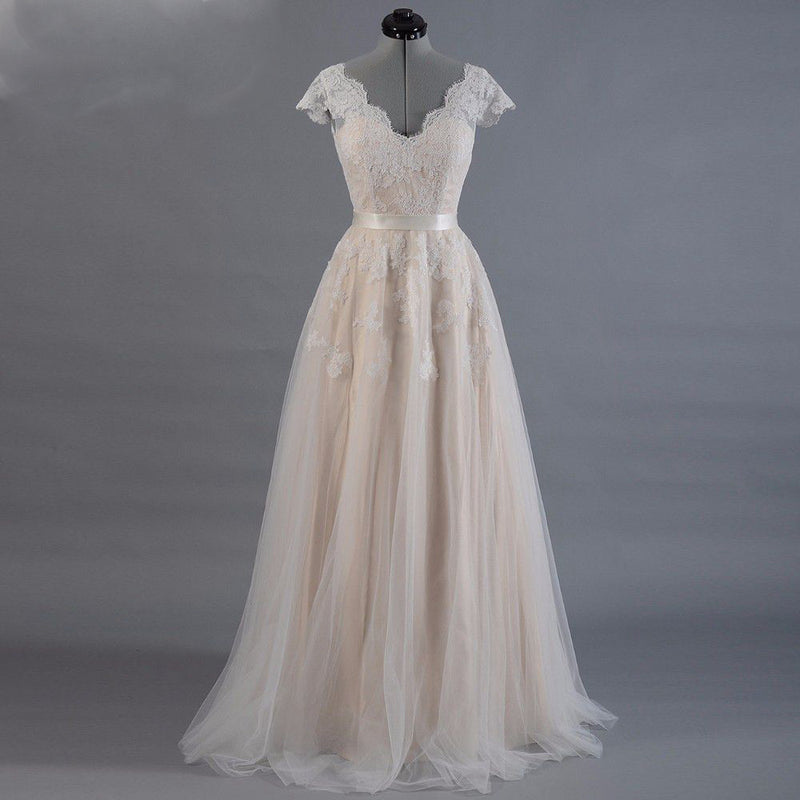 Robe de Mariée Dentelle A-line - Manches Courtes et Dos V