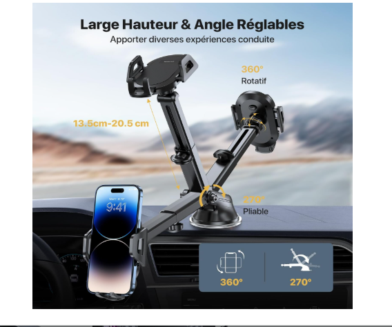 Miracase Support Téléphone Voiture【Militaire Ventouse】 Porte Telephone Voiture Universel【4 En1】 adapté Tableau Bord & Pare-Brise & Bouches & Table Compatible Tous Smartphones 4.0''-7.0'' - FlashesVente