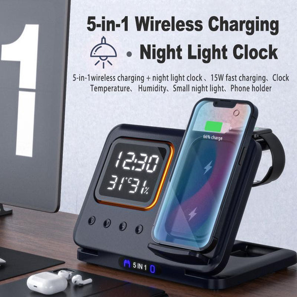 15W Wireless Chargers Stand 5 In1 LED Digital Alarm Clock Fast Charging Dock Station - FlashesVente